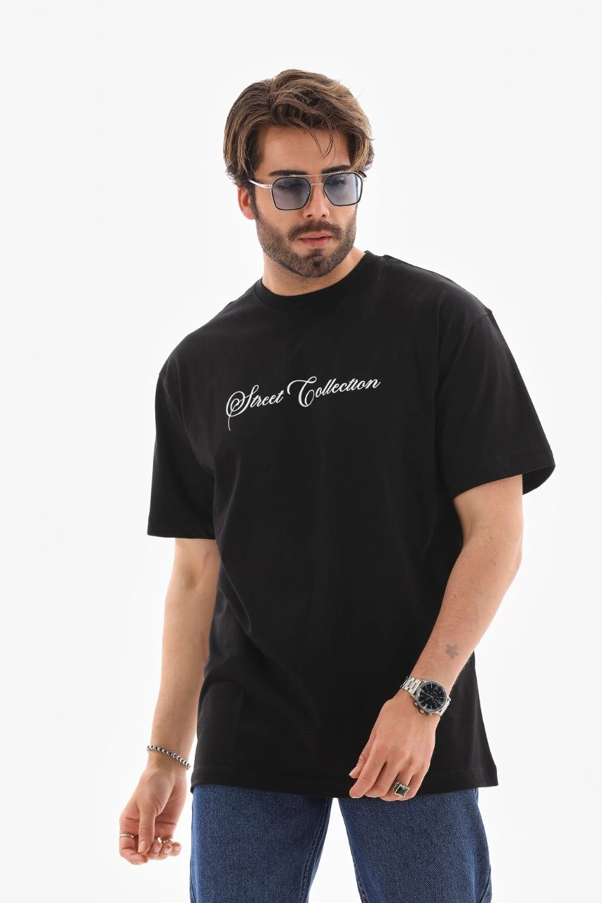 ASSEMA Unisex Bisiklet Yaka Baskılı Oversize T-Shirt - Siyah