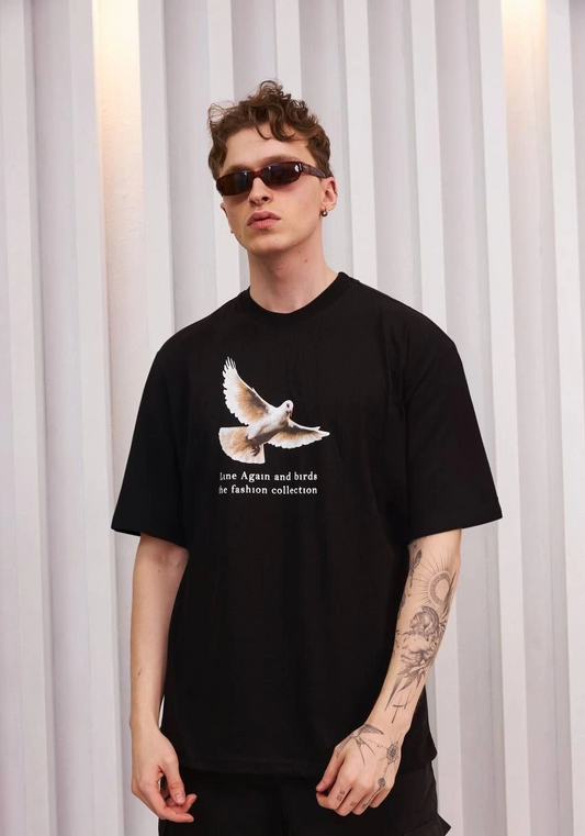 ASSEMA ERKEK Bisiklet Yaka Baskılı  Kısa kol Oversize T-Shirt - Siyah