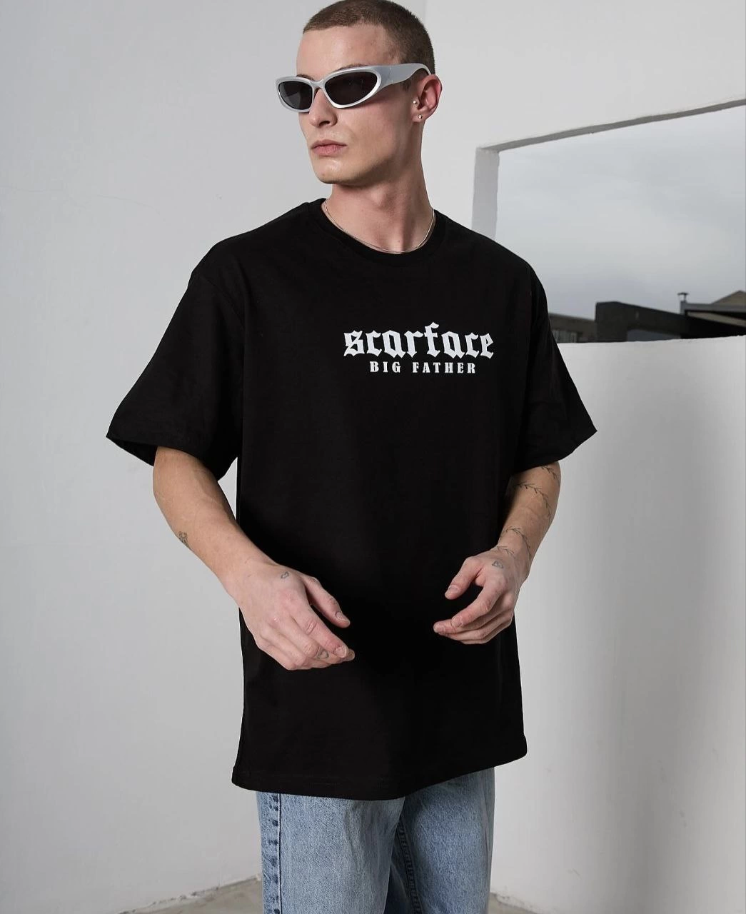 ASSEMA ERKEK Bisiklet Yaka Baskılı Oversize T-Shirt - Siyah