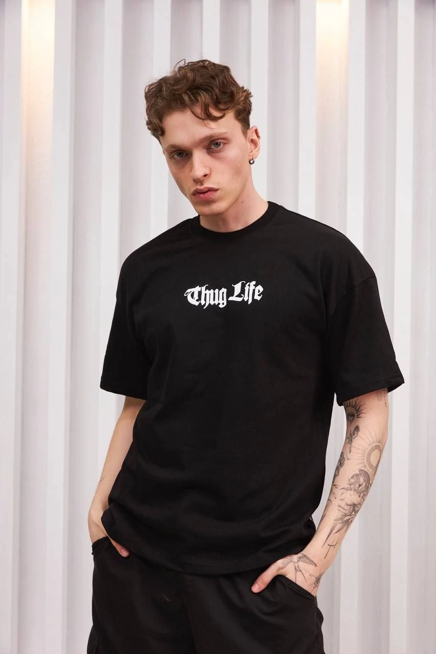 ASSEMA Erkek Bisiklet Yaka Baskılı  Kısa kol Oversize T-Shirt - Siyah