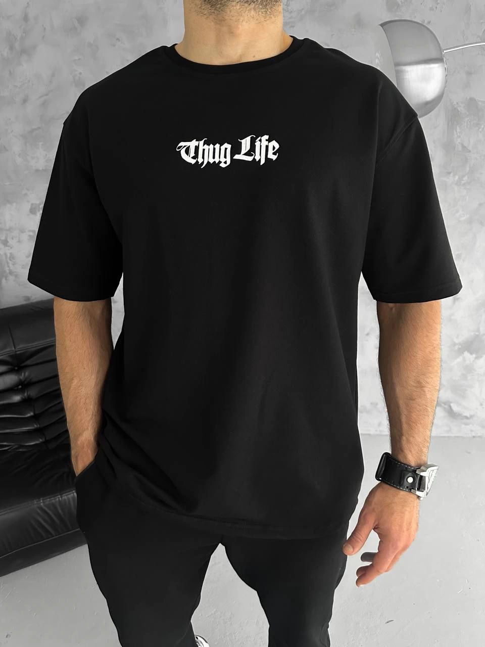 ASSEMA Erkek Bisiklet Yaka Baskılı Oversize  Kısa kol T-Shirt - Siyah