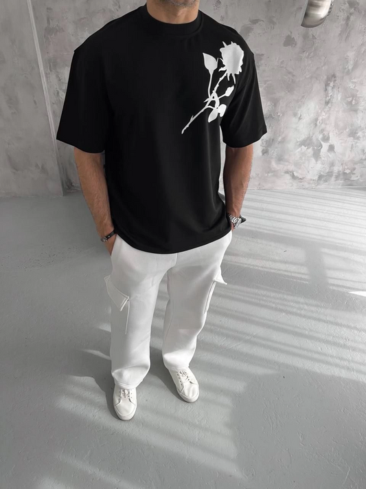 ASSEMA ERKEK Bisiklet Yaka Baskılı Oversize  Kısa kol T-Shirt - Siyah