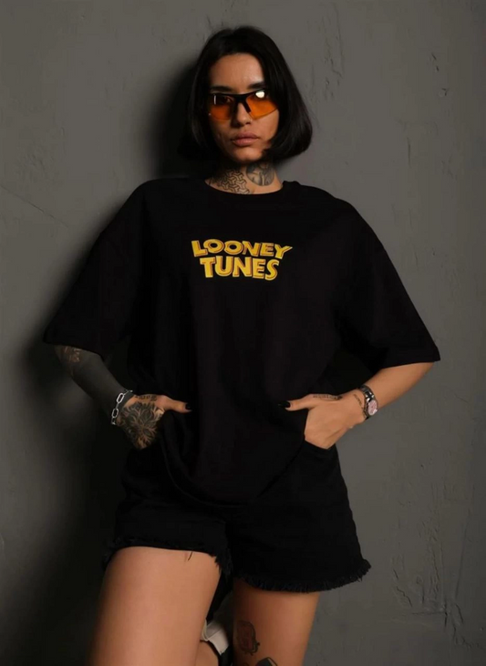 ASSEMA kadın Bisiklet Yaka Baskılı Oversize  Kısa kol T-Shirt - Siyah