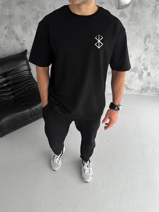 ASSEMA ERKEK Bisiklet Yaka Baskılı Oversize T-Shirt - Siyah