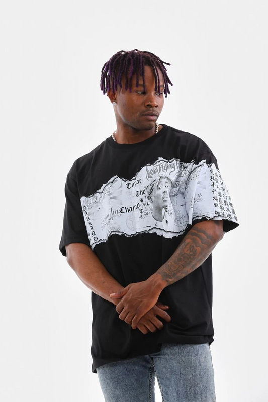 ASSEMA Erkek  Bisiklet Yaka Baskılı Oversize T-Shirt - Siyah