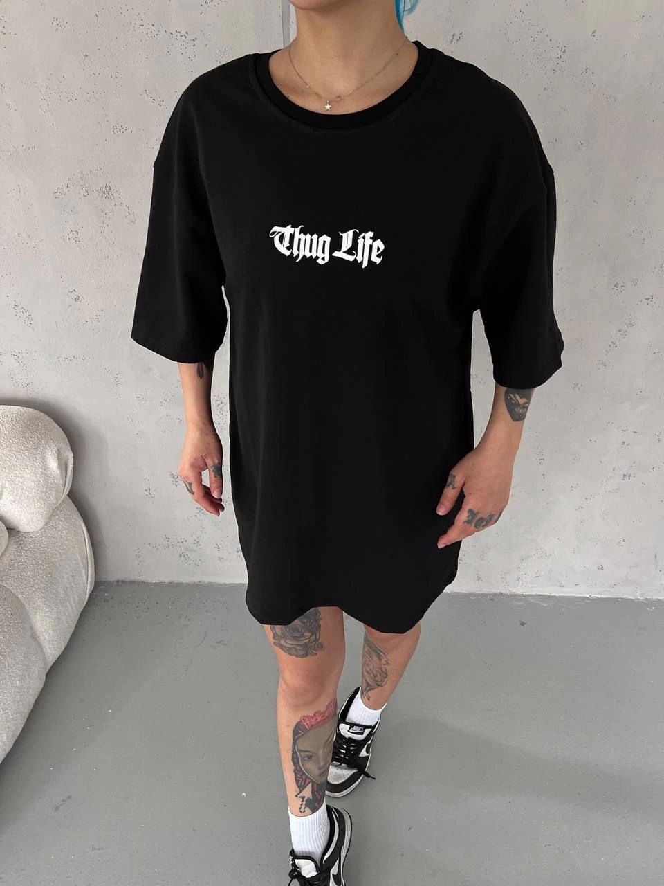 ASSEMA kadın Bisiklet Yaka Baskılı Oversize T-Shirt - Siyah