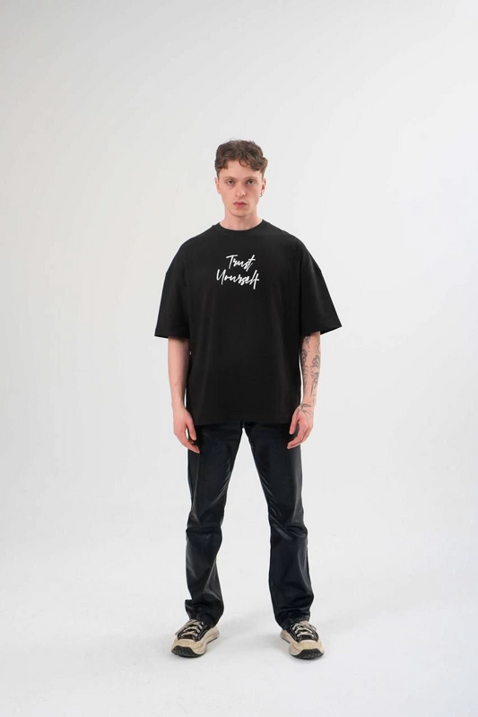ASSEMA Erkek Bisiklet Yaka Baskılı  Kısa kol Oversize T-Shirt - Siyah