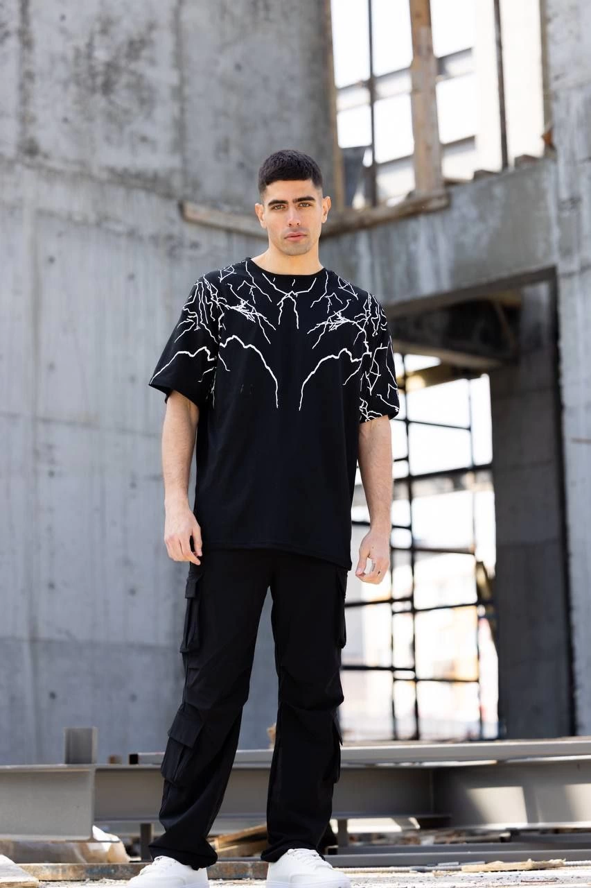 ASSEMA Erkek Yıldırım şimşek Baskılı T-Shirt Kısa Kol Bisiklet Yaka Tişört - Siyah