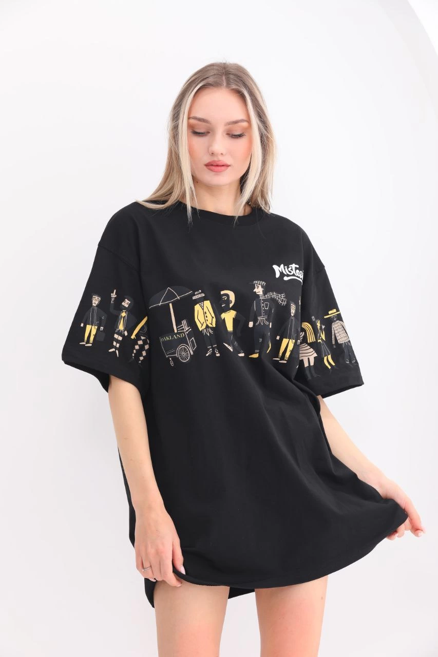 ASSEMA kadın  Bisiklet Yaka Baskılı Oversize T-Shirt - Siyah