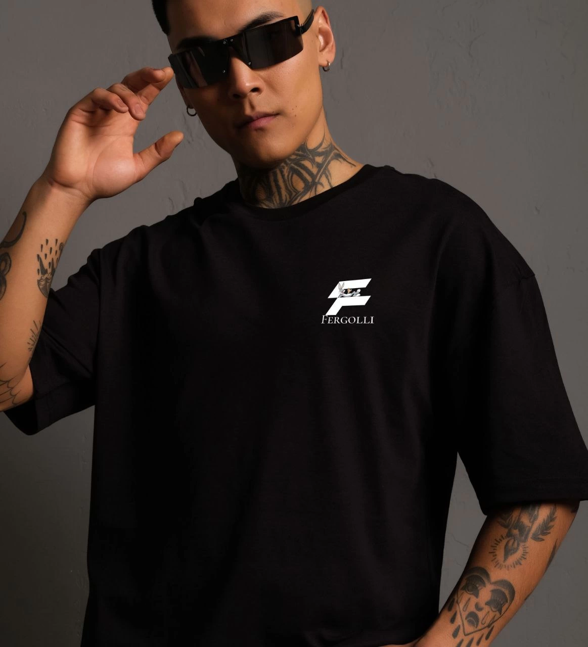 ASSEMA Erkek  Bisiklet Yaka Baskılı Oversize T-Shirt - Siyah