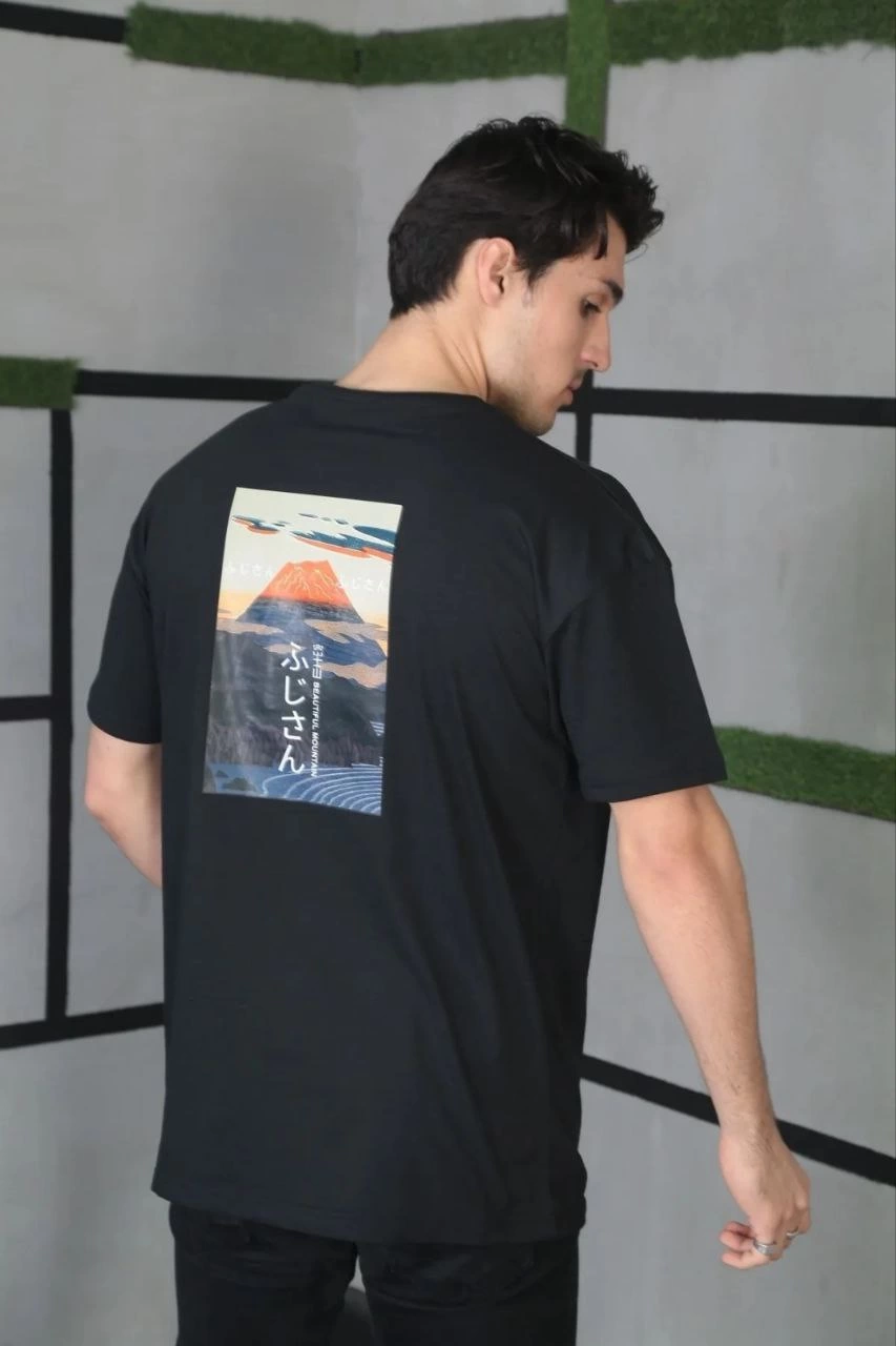 ASSEMA ERKEK Bisiklet Yaka Baskılı  Kısa kol Oversize T-Shirt - Siyah