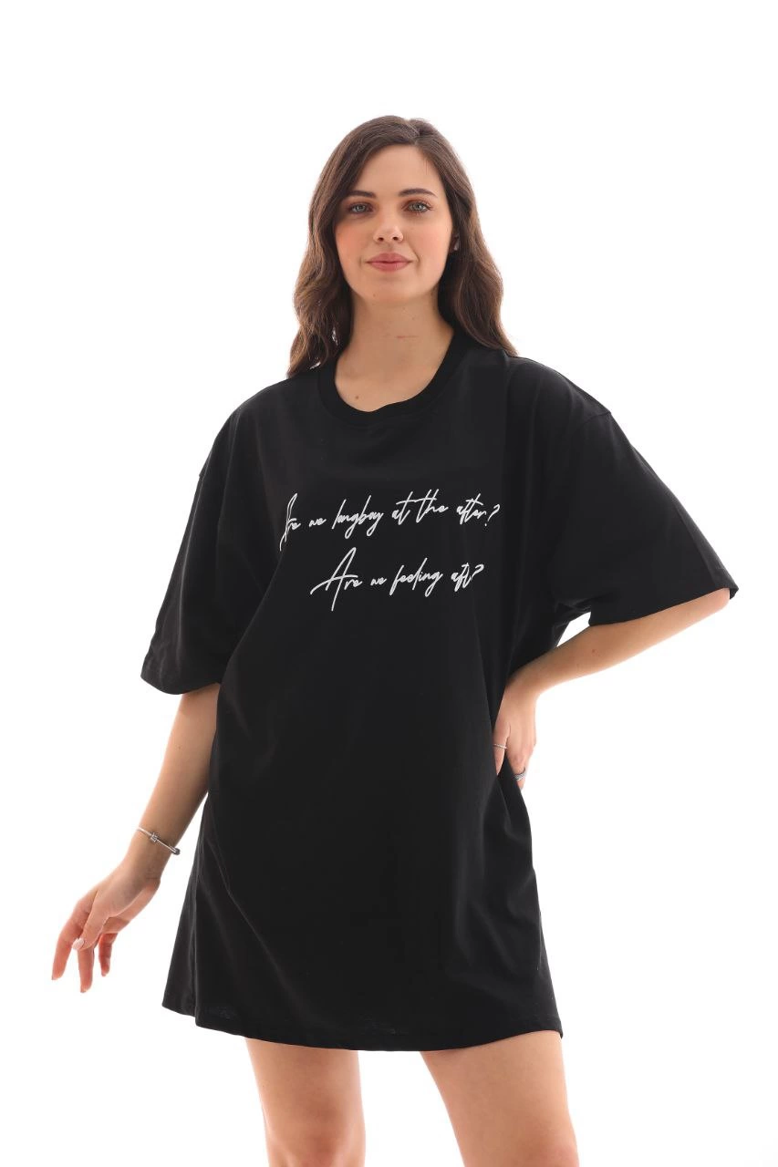 ASSEMA kadın  Bisiklet Yaka Baskılı Oversize T-Shirt - Siyah