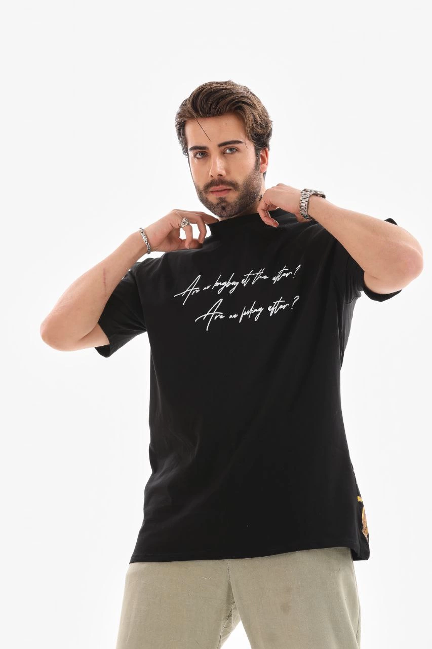ASSEMA Erkek Bisiklet Yaka Baskılı Oversize T-Shirt - Siyah