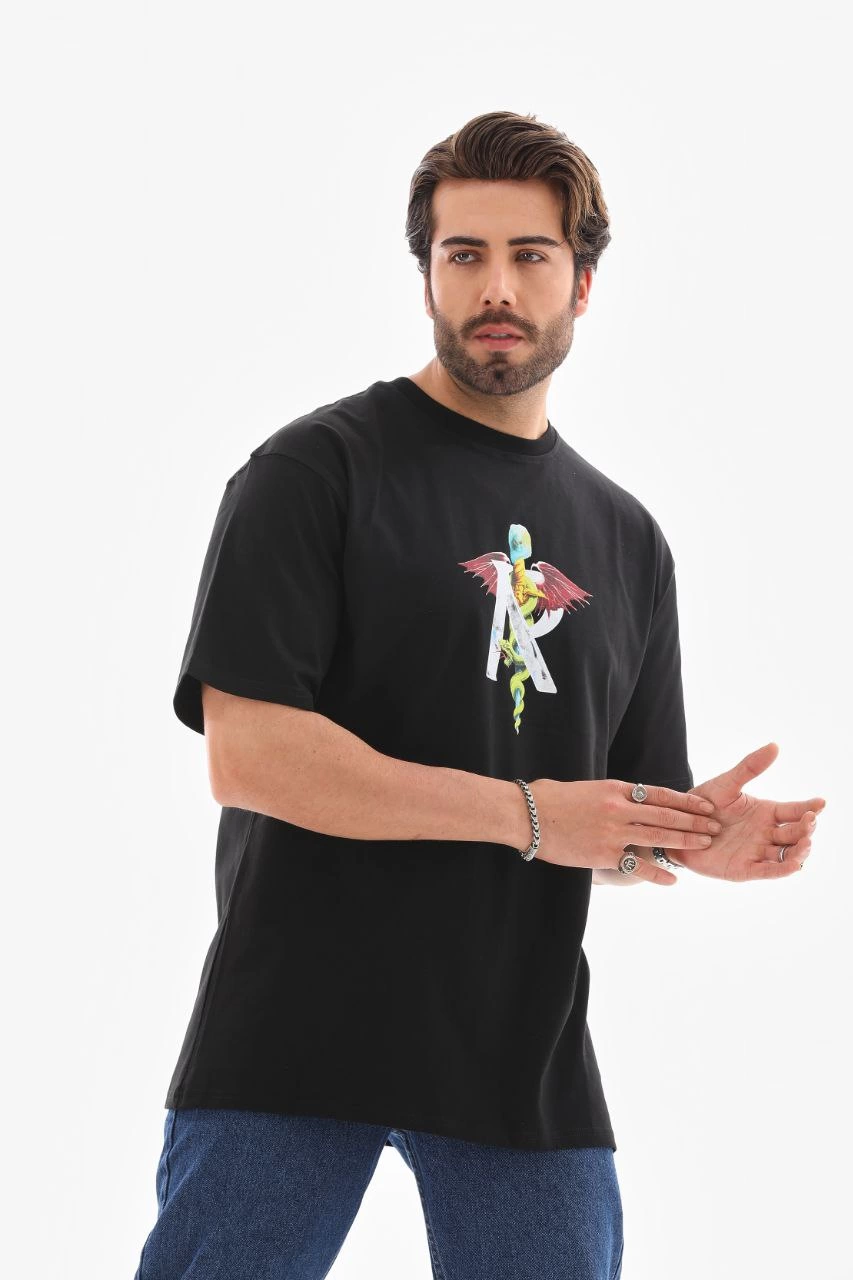 ASSEMA Erkek Baskılı T-Shirt Kısa Kol Bisiklet Yaka Regular Fit Rahat Kalıp Tişört -  Siyah