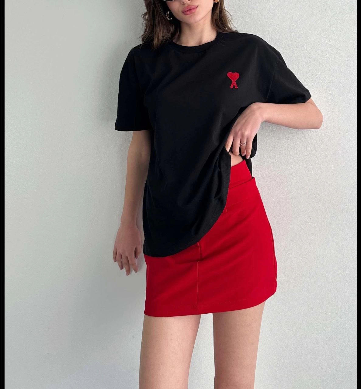 ASSEMA kadın Bisiklet Yaka Baskılı Oversize  Kısa Kol T-Shirt - Siyah