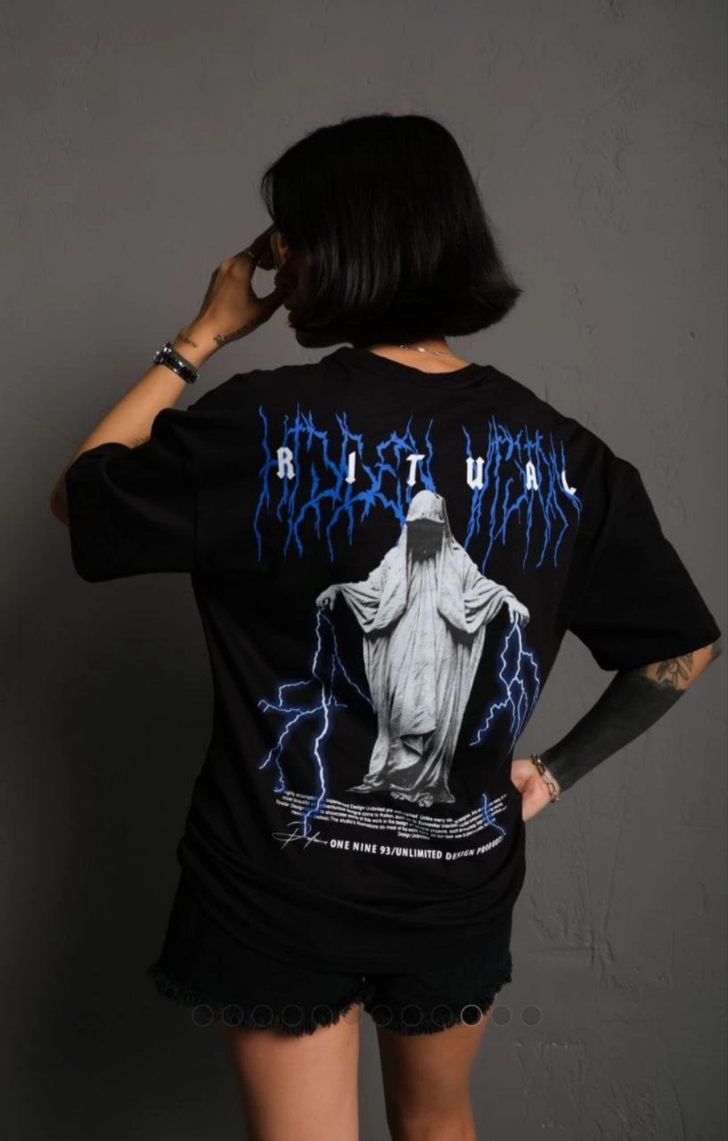 ASSEMA kadın Bisiklet Yaka Baskılı Oversize  Kısa kol T-Shirt - Siyah