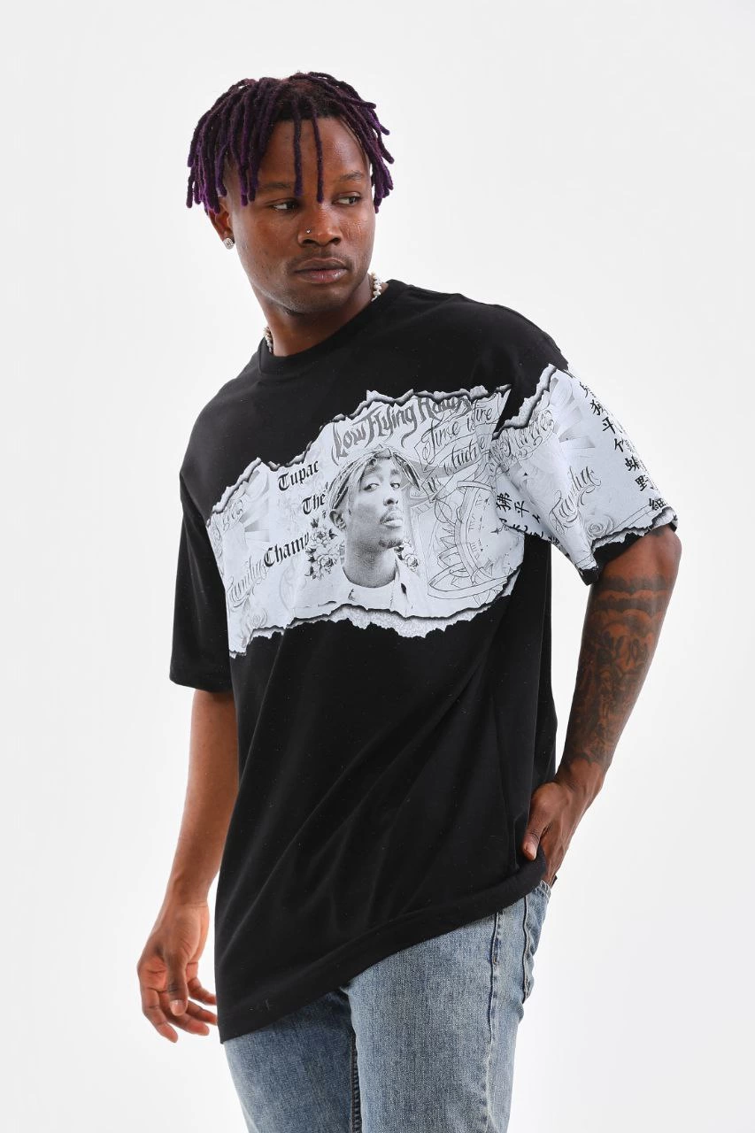 ASSEMA Erkek  Bisiklet Yaka Baskılı Oversize T-Shirt - Siyah