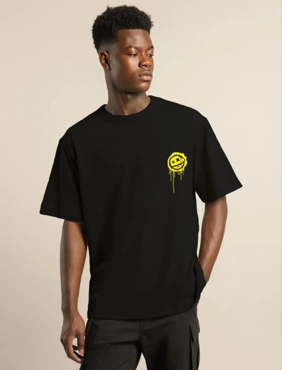 ASSEMA ERKEK Bisiklet Yaka Baskılı  Kısa kol Oversize T-Shirt - Siyah