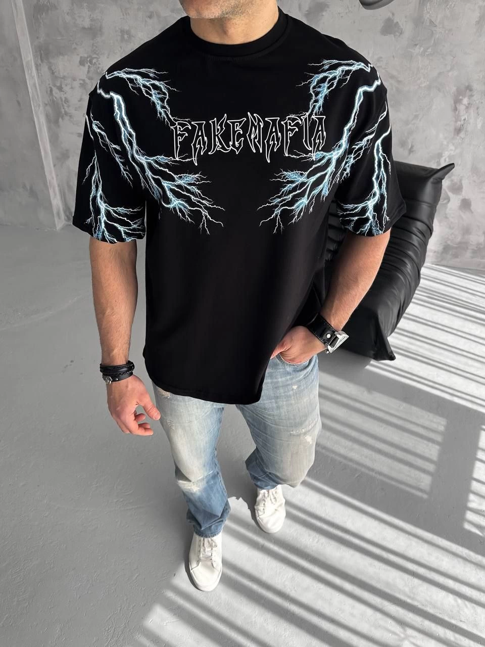 ASSEMA ERKEK Bisiklet Yaka Yıldırım Baskılı  Kısa kol T-Shirt-Siyah