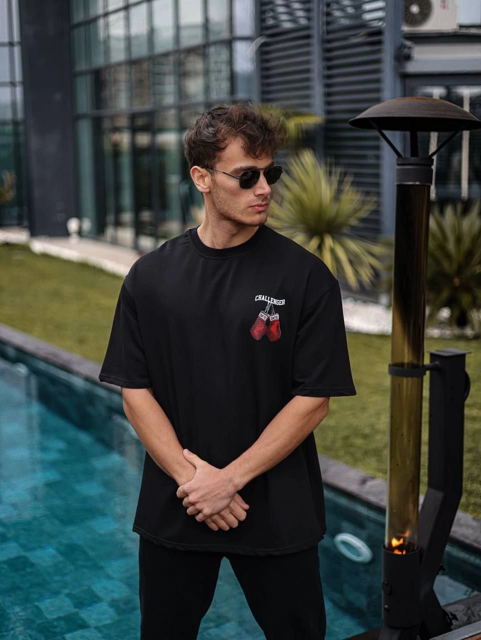 ASSEMA Erkek  Bisiklet Yaka Baskılı Oversize T-Shirt - Siyah