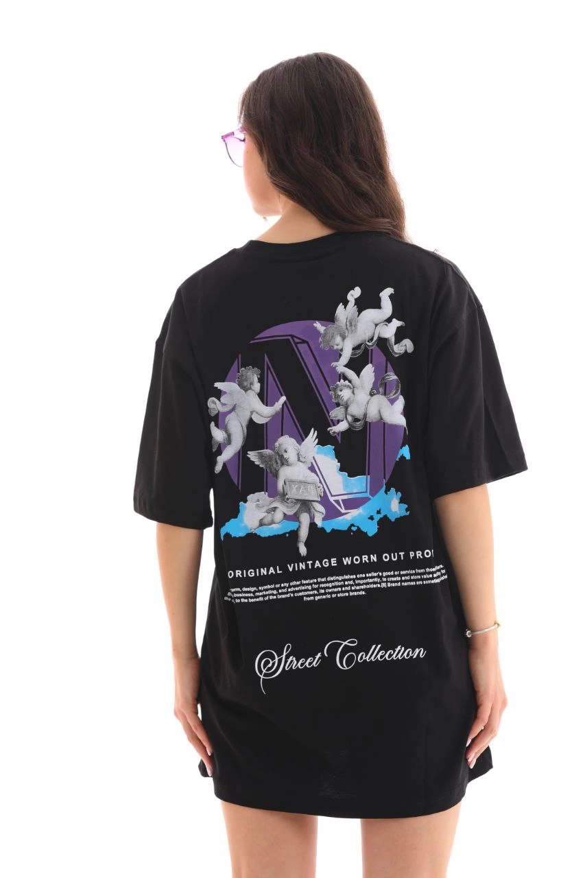 ASSEMA Kadın Baskılı T-Shirt Kısa Kol Bisiklet Yaka  Ovarsize Rahat Kalıp Günlük Tişört  - Siyah