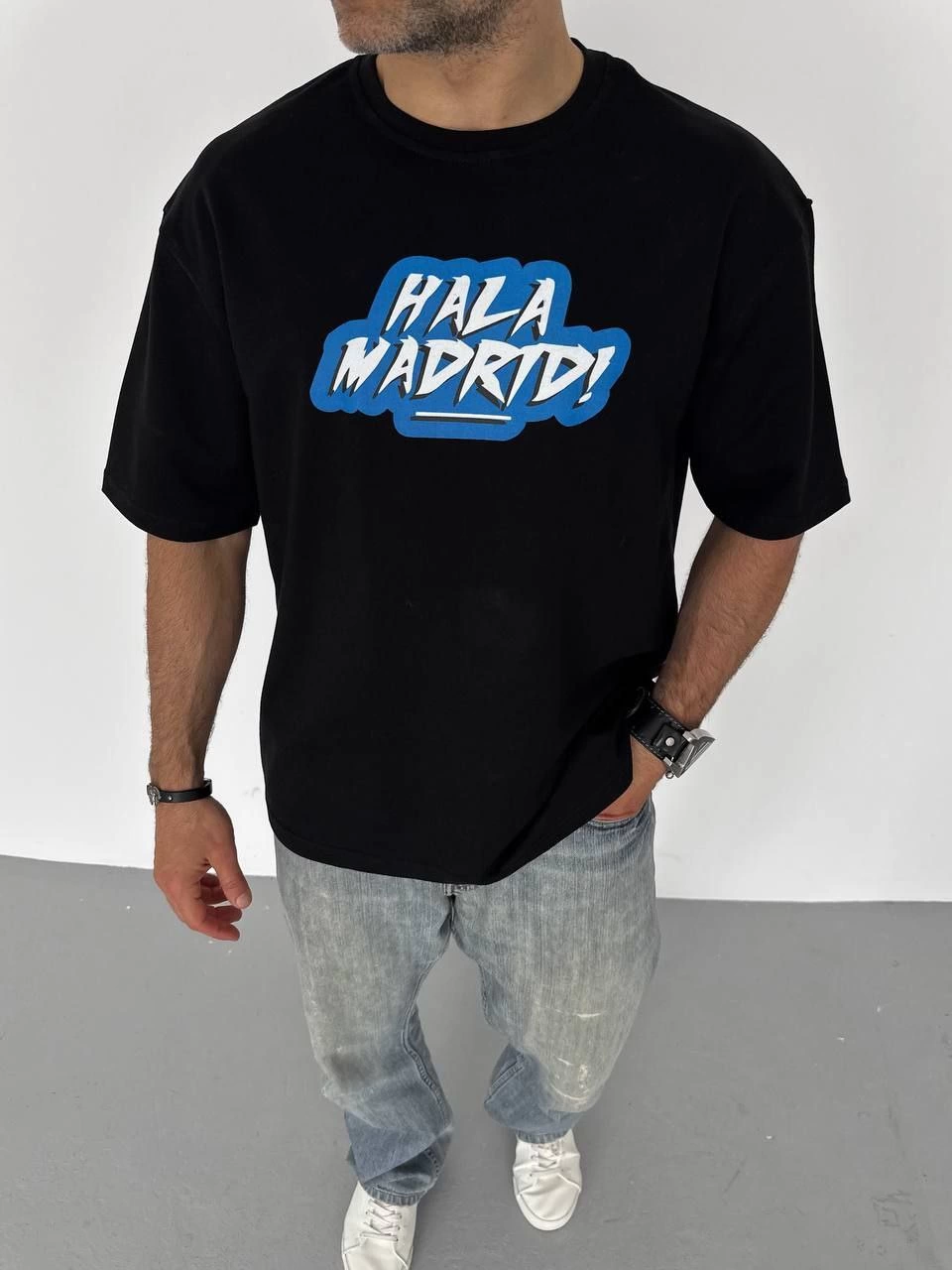 ASSEMA ERKEK Bisiklet Yaka Baskılı Oversize T-Shirt - Siyah