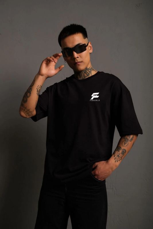 ASSEMA Erkek  Bisiklet Yaka Baskılı Oversize T-Shirt - Siyah