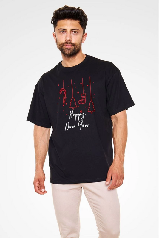 ASSEMA Erkek Bisiklet Yaka Baskılı Oversize  Kısa kol T-Shirt - Siyah