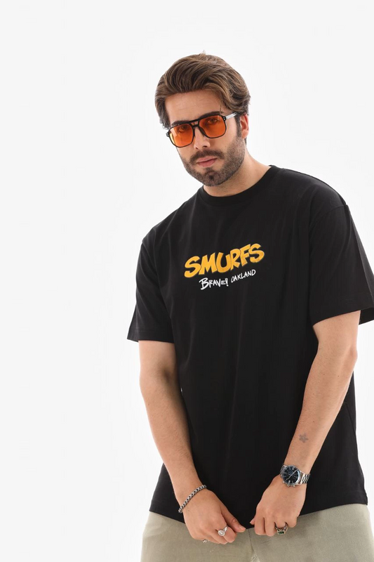 ASSEMA Erkek  Bisiklet Yaka Baskılı Oversize T-Shirt - Siyah