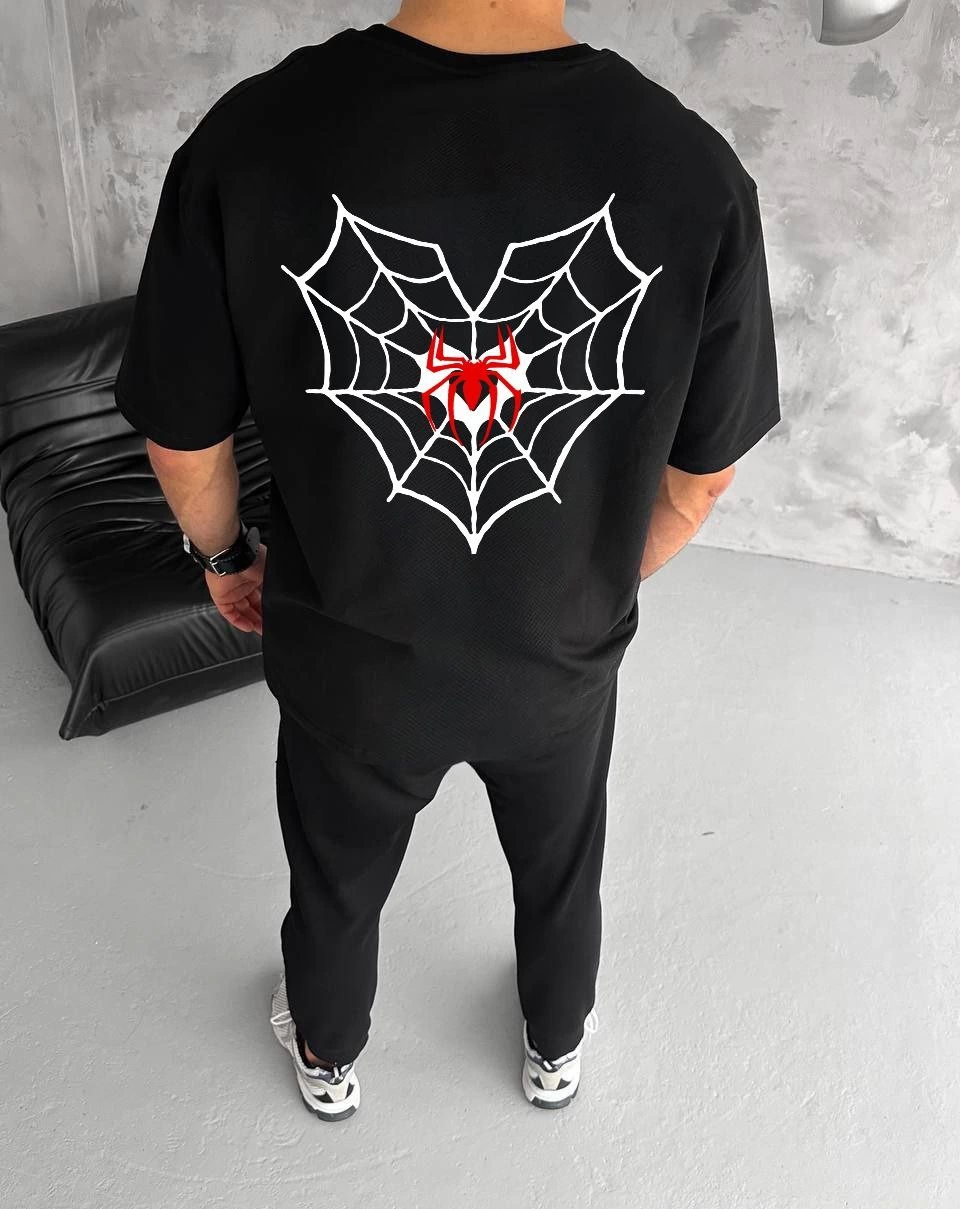 ASSEMA ERKEK  Bisiklet Yaka ön ve sırt örümcek Baskılı Oversize T-Shirt - Siyah