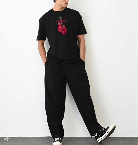 ASSEMA Erkek Boks Eldiven Baskılı T-Shirt Kısa Kol Bisiklet Yaka Regular Tişört - Siyah