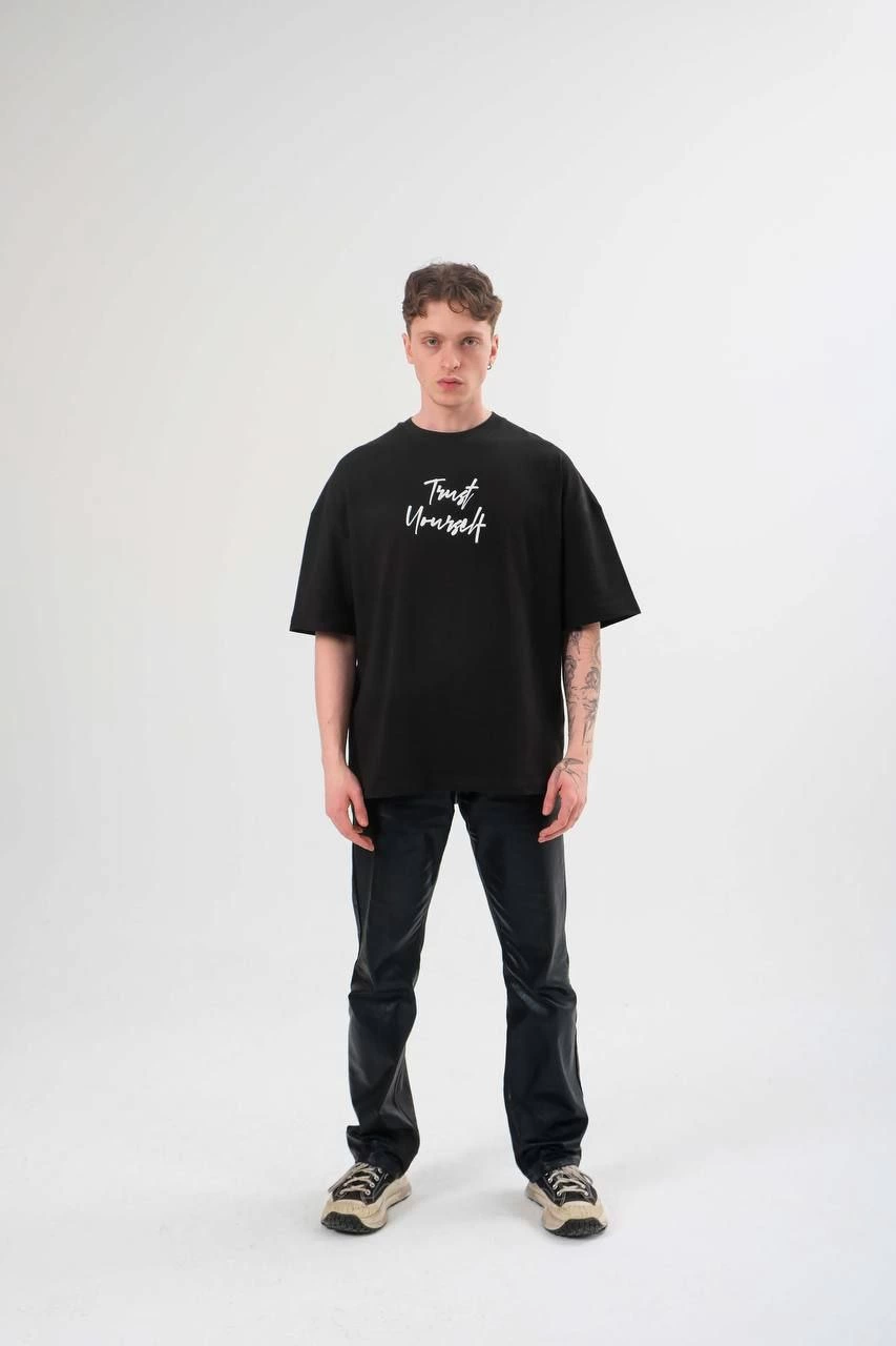 ASSEMA ERKEK Bisiklet Yaka Baskılı Oversize Kısa kol T-Shirt - Siyah