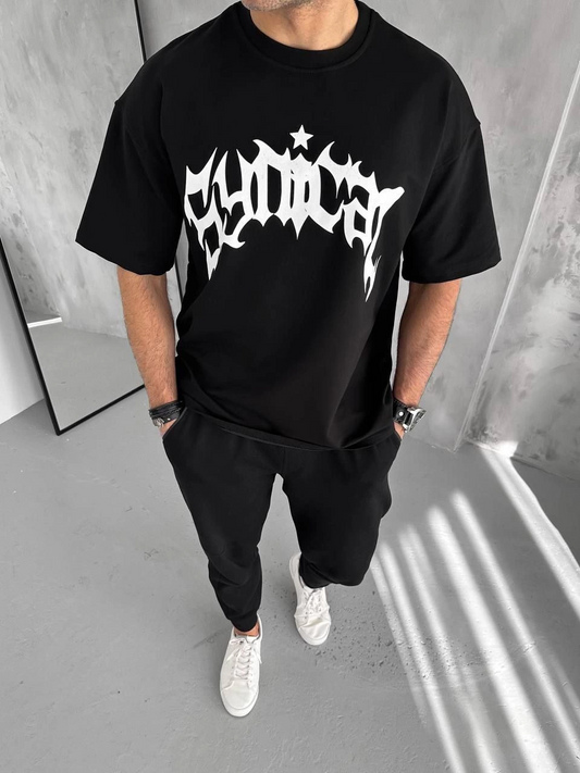 ASSEMA Erkek Bisiklet Yaka Baskılı Oversize Kısa kol  T-Shirt - Siyah