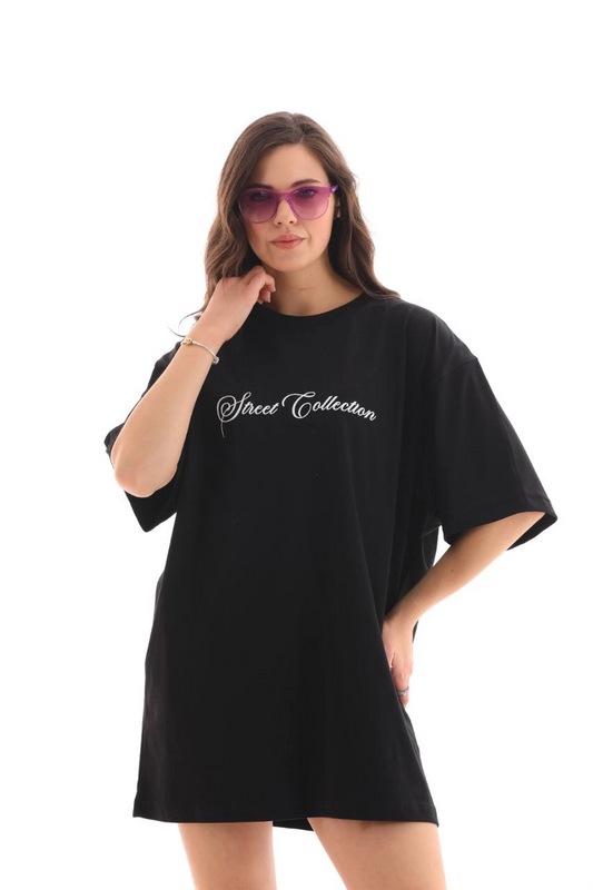 ASSEMA Kadın Baskılı T-Shirt Kısa Kol Bisiklet Yaka  Ovarsize Rahat Kalıp Günlük Tişört  - Siyah