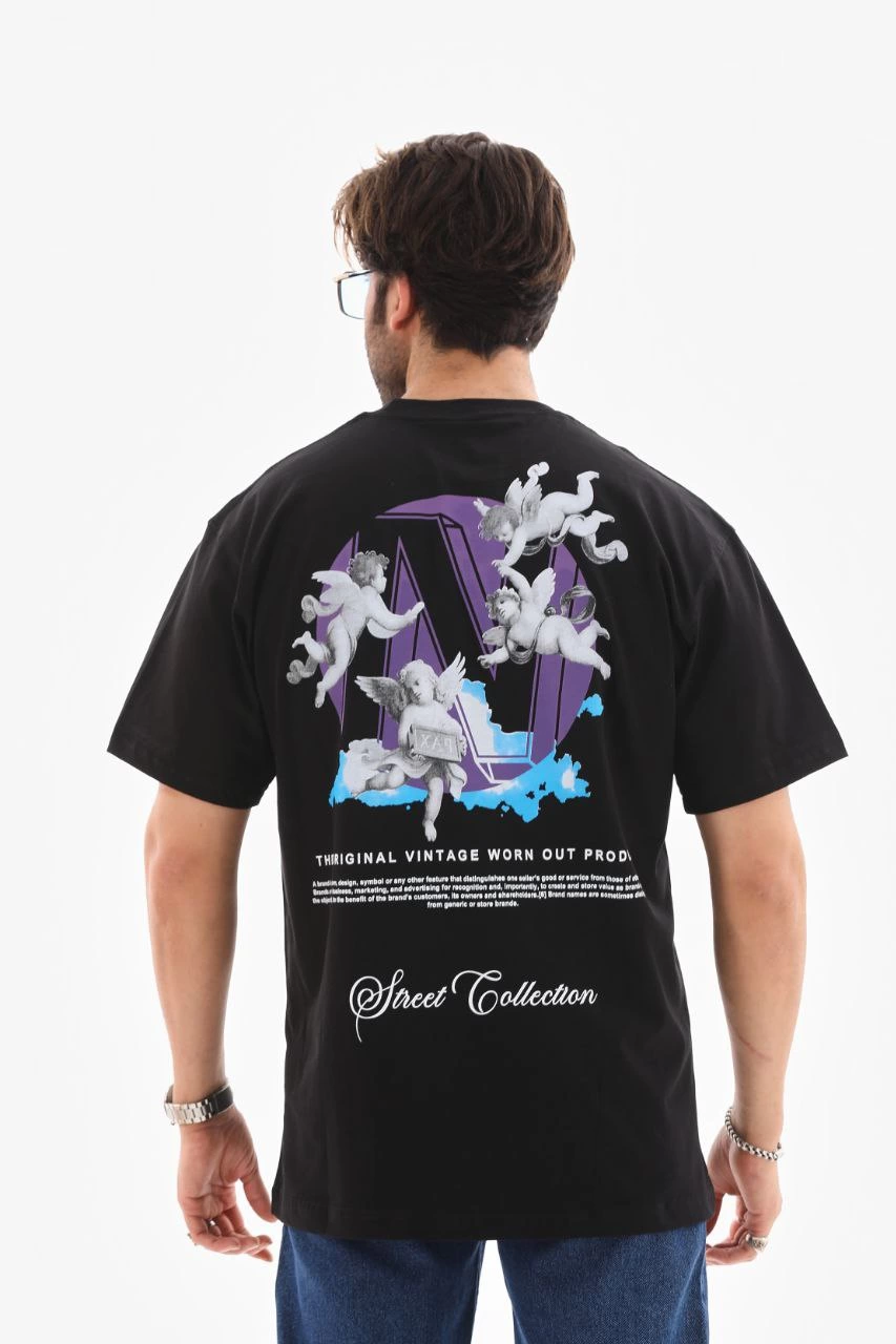 ASSEMA Unisex Bisiklet Yaka Baskılı Oversize T-Shirt - Siyah