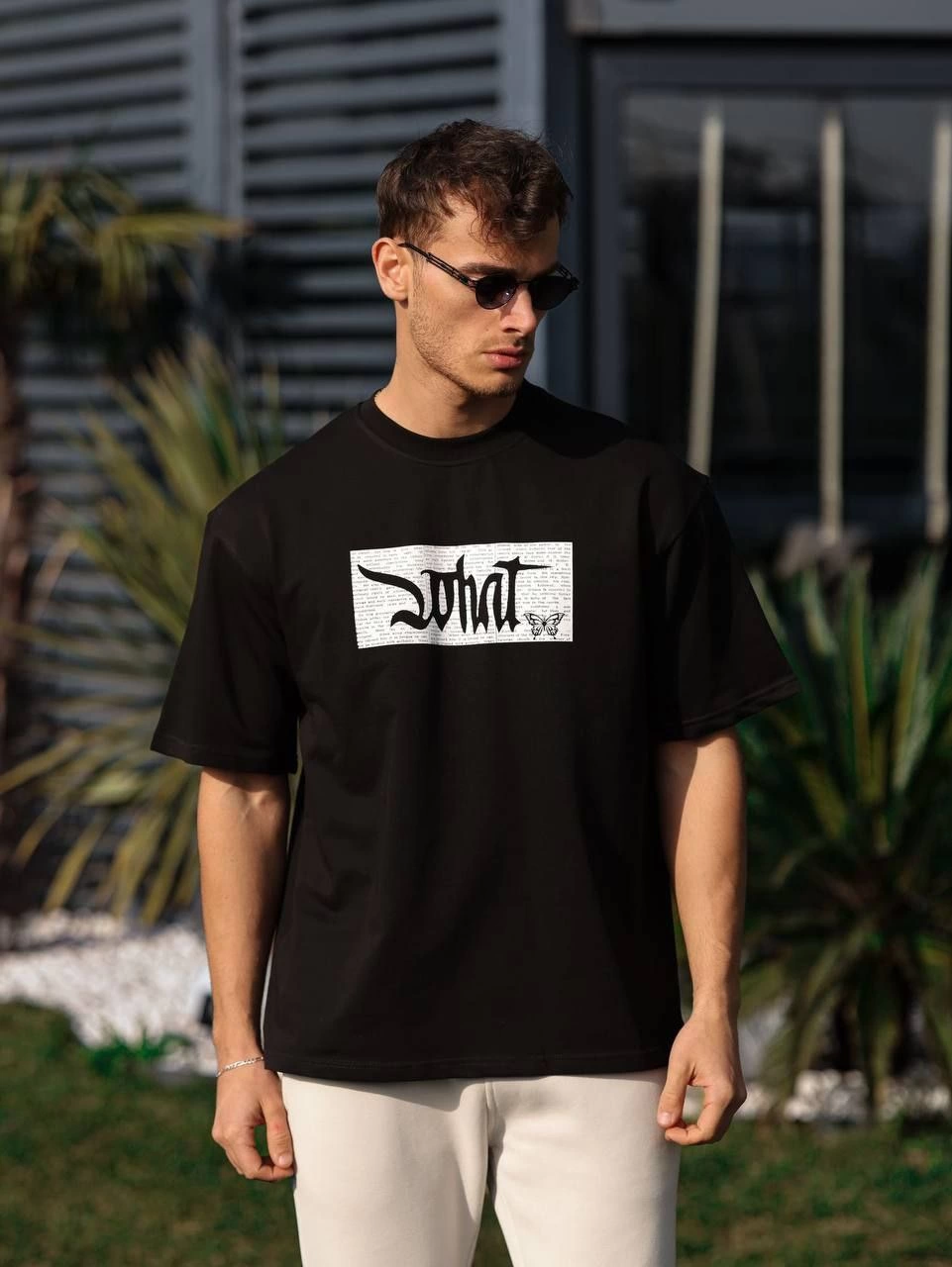 ASSEMA Erkek Bisiklet Yaka Baskılı Oversize T-Shirt - Siyah