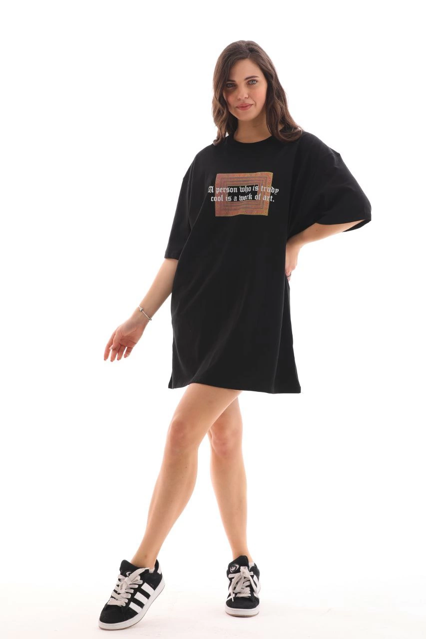 ASSEMA Kadın Baskılı T-Shirt Kısa Kol Bisiklet Yaka Ovarsize Rahat Kalıp Tişört -  Siyah