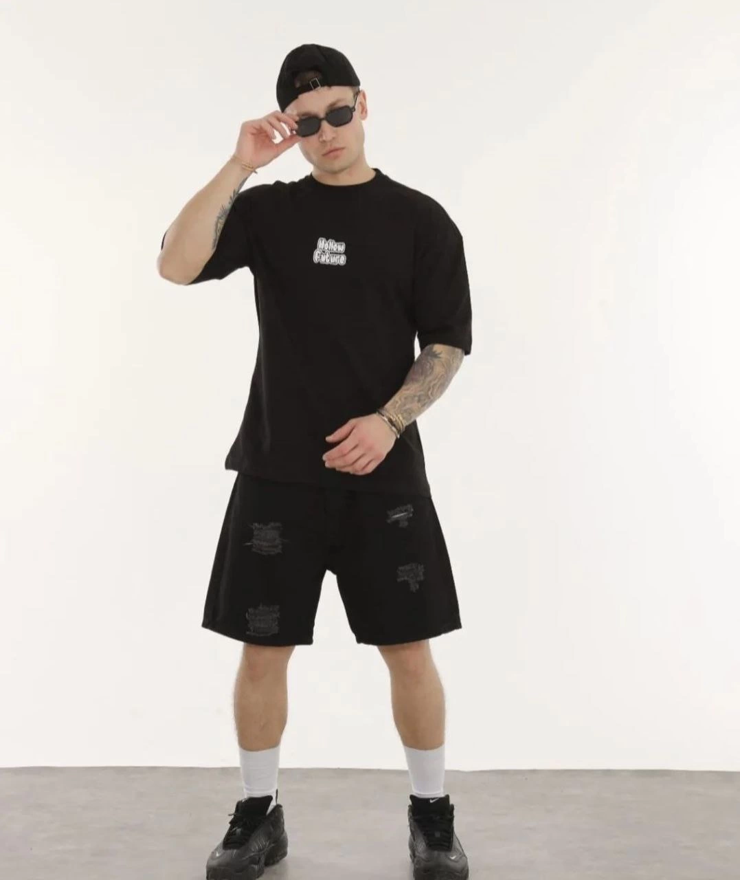 ASSEMA ERKEK Bisiklet Yaka Baskılı Oversize T-Shirt - Siyah