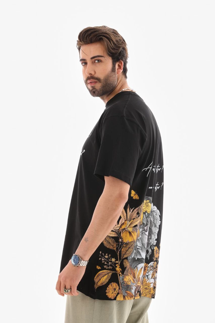 ASSEMA Erkek Bisiklet Yaka Baskılı Oversize T-Shirt - Siyah