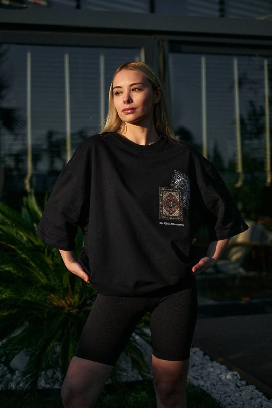ASSEMA kadın Bisiklet Yaka Baskılı  Kısa kol Oversize T-Shirt - Siyah