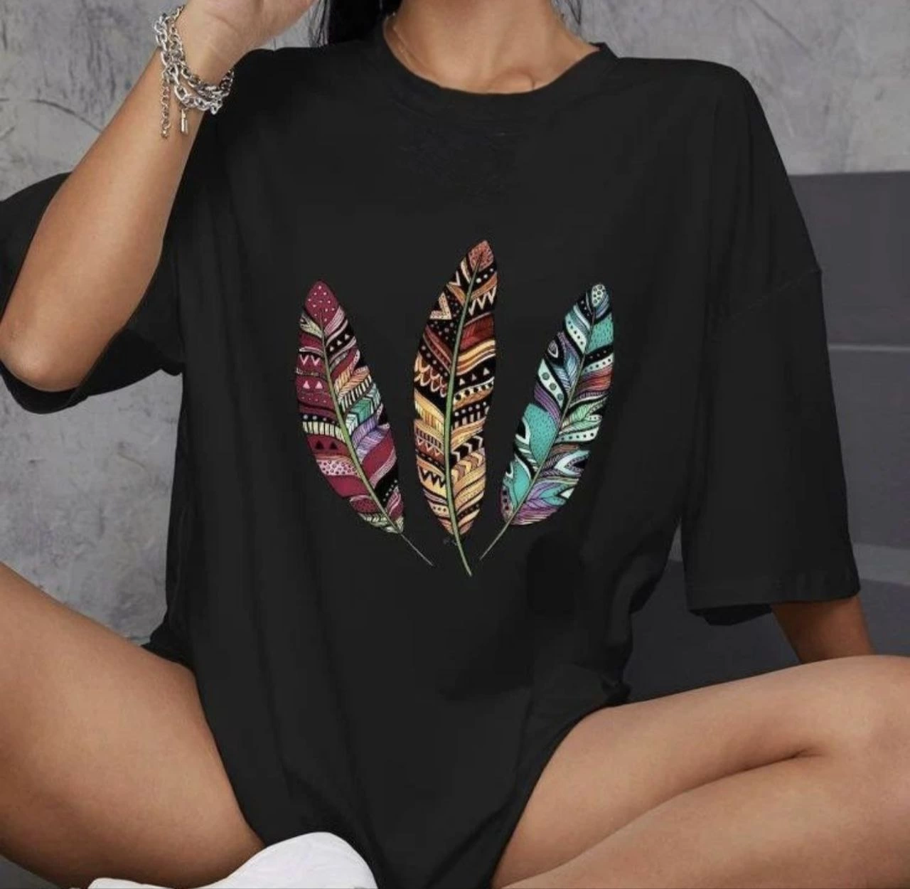 ASSEMA Kadın Baskılı T-Shirt Kısa Kol Bisiklet Yaka Oversize Rahat Kalıp Günlük Tişört   - Siyah