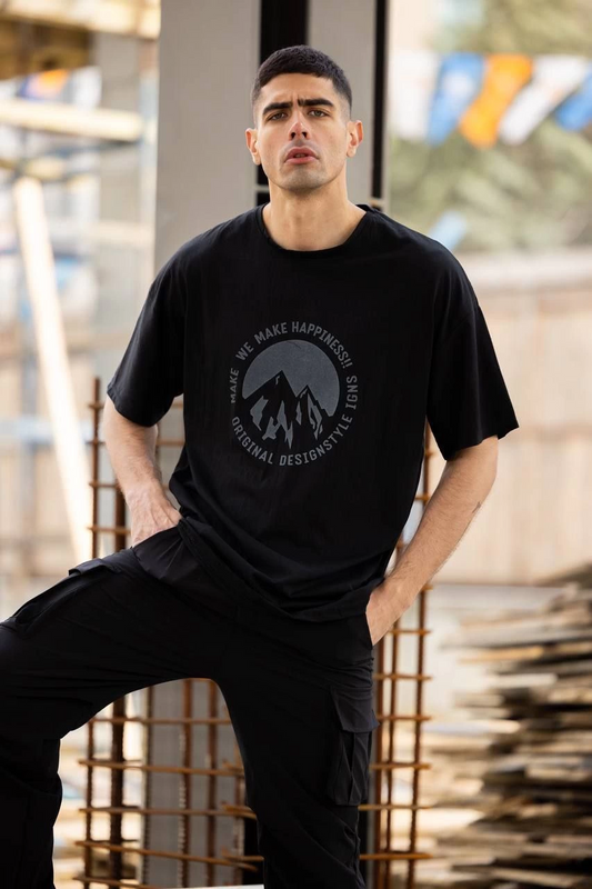 ASSEMA Erkek Baskılı T-Shirt Kısa Kol Bisiklet Yaka Regular Fit Rahat Kalıp Günlük Tişört - Siyah