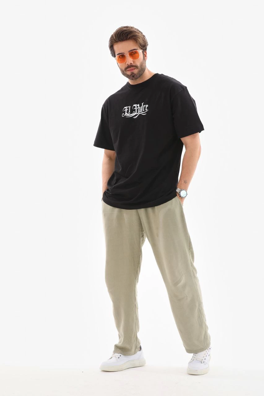 ASSEMA Erkek Bisiklet Yaka Baskılı Oversize T-Shirt - Siyah