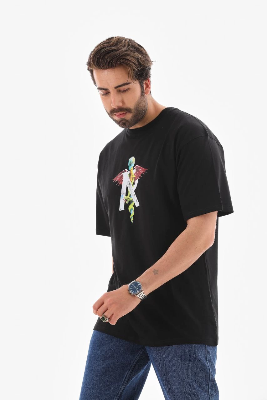 ASSEMA Erkek Baskılı T-Shirt Kısa Kol Bisiklet Yaka Regular Fit Rahat Kalıp Tişört -  Siyah