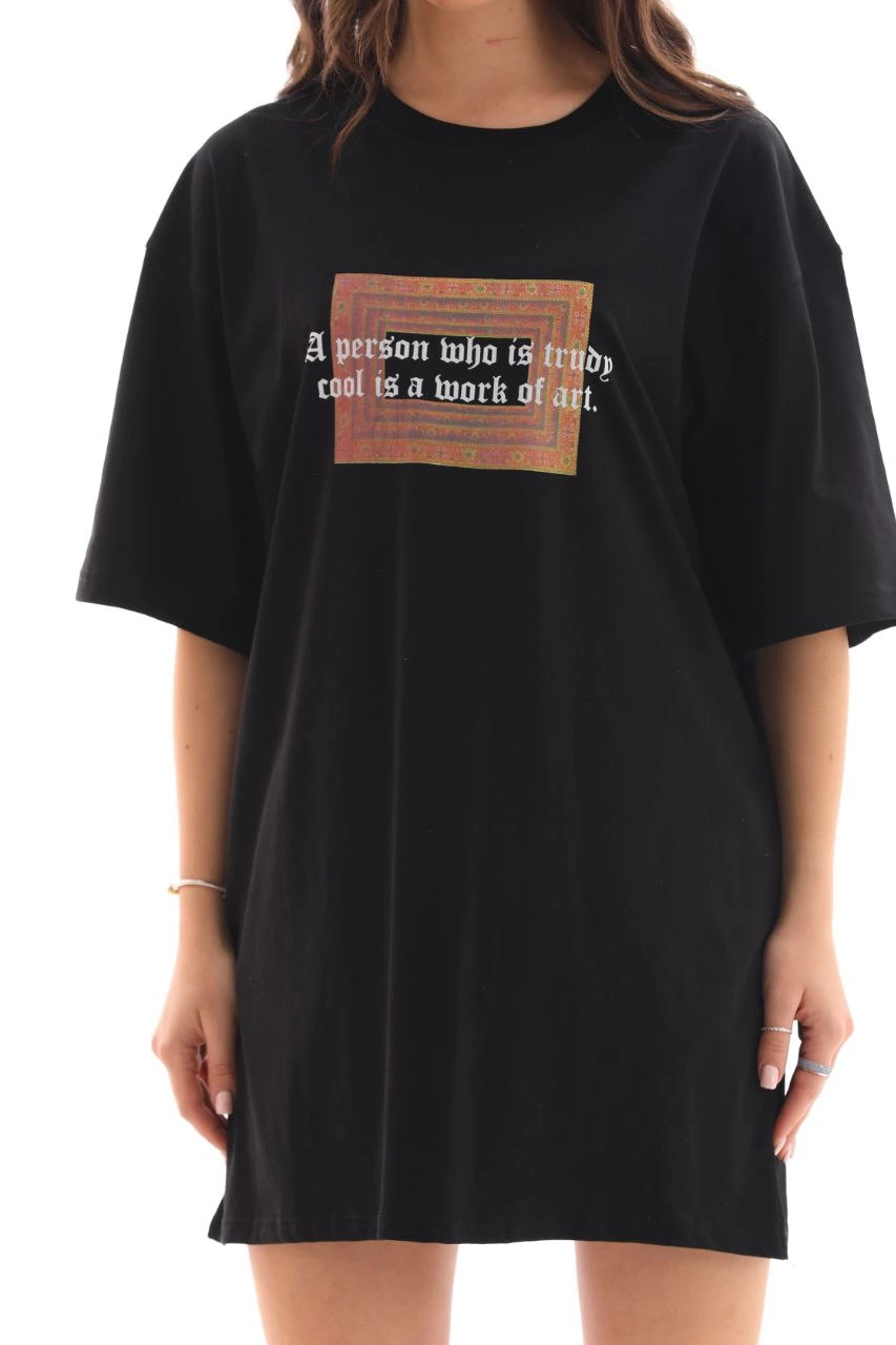 ASSEMA Kadın Baskılı T-Shirt Kısa Kol Bisiklet Yaka Ovarsize Rahat Kalıp Tişört -  Siyah