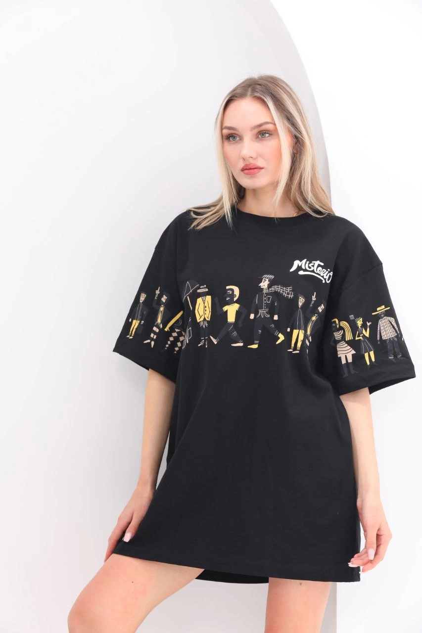 ASSEMA kadın  Bisiklet Yaka Baskılı Oversize T-Shirt - Siyah