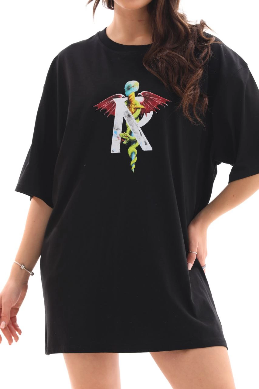ASSEMA Unisex Bisiklet Yaka Baskılı Oversize T-Shirt - Siyah