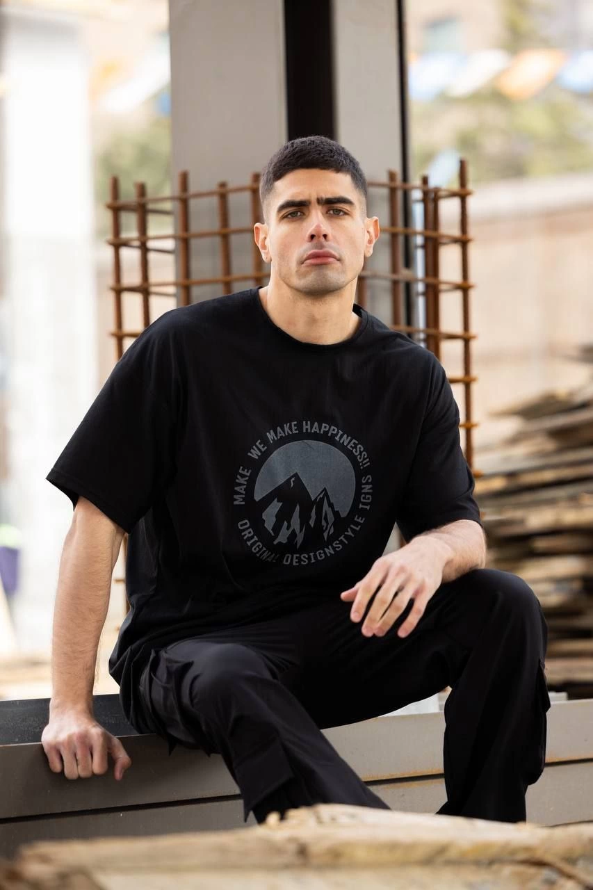 ASSEMA Erkek Baskılı T-Shirt Kısa Kol Bisiklet Yaka Regular Fit Rahat Kalıp Günlük Tişört - Siyah