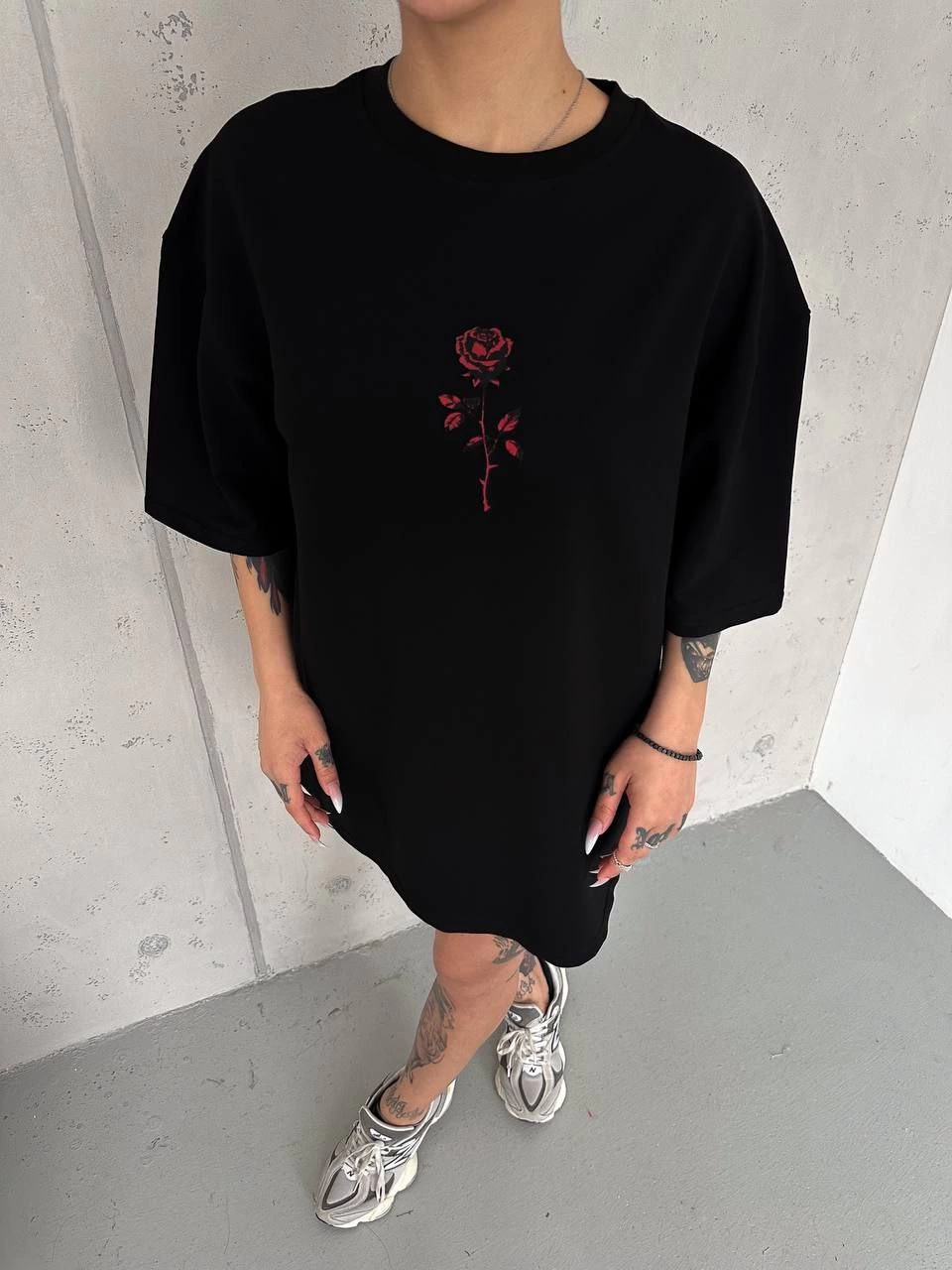 ASSEMA kadın Bisiklet Yaka Baskılı Oversize  Kısa kol T-Shirt - Siyah