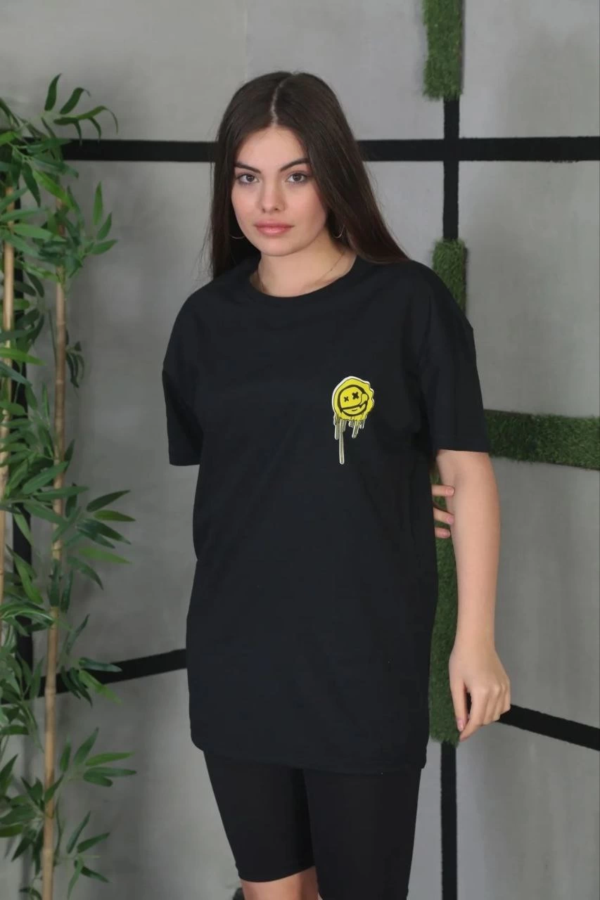 ASSEMA Kadın Bisiklet Yaka Baskılı  Kısa kol Oversize T-Shirt - Siyah
